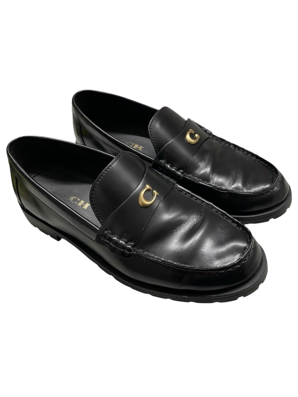 Coach Black Leather Loafers with Gold Accent